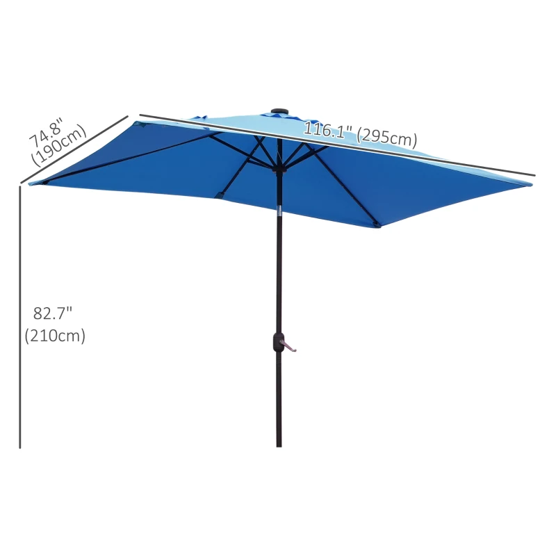 Outsunny 6' x 10' Patio Umbrella with 22 LED Solar Lights and Tilt, Rectangular Outdoor Table Umbrella with Crank, Light Blue