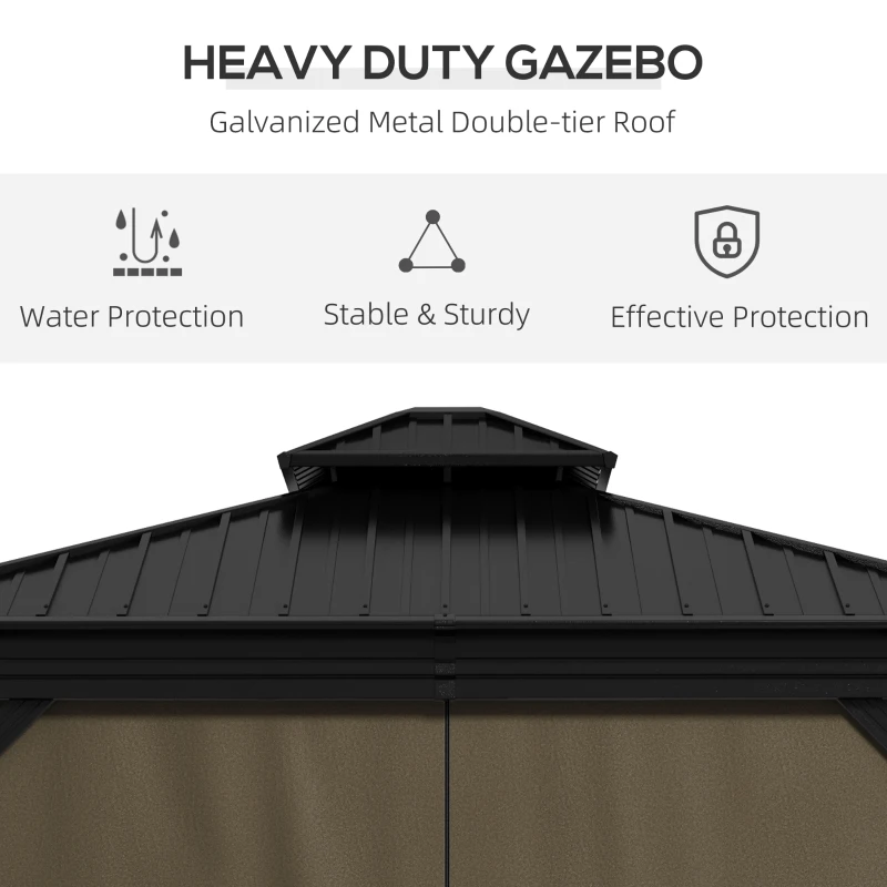 Outsunny 10' x 10' Hardtop Gazebo, Pavilion Gazebo with Curtains, Nettings, Aluminum Frame, Hooks, for Garden, Patio, Dark Brown