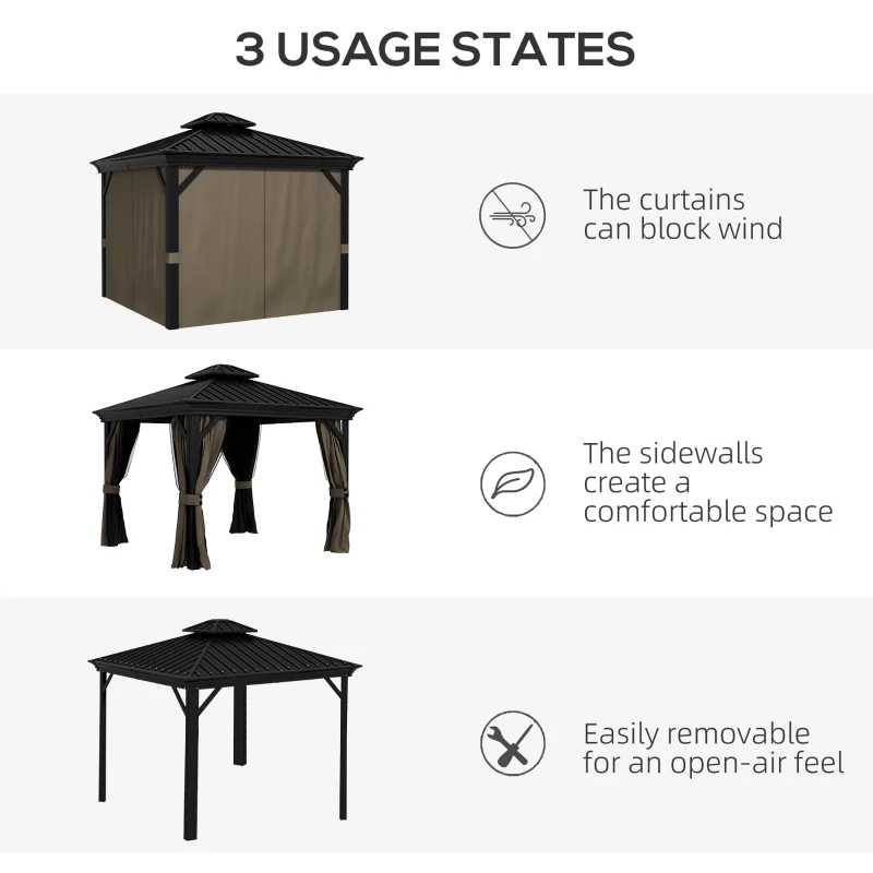 Outsunny 10' x 10' Hardtop Gazebo, Pavilion Gazebo with Curtains, Nettings, Aluminum Frame, Hooks, for Garden, Patio, Dark Brown