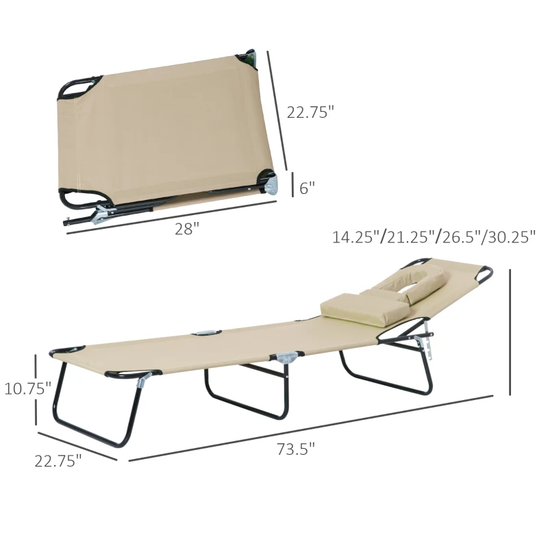 Outsunny Outdoor Lounge Chair, Garden Folding Chaise Lounge w/ Adjustable Backrest, Face Hole and Support Pillow, Beige