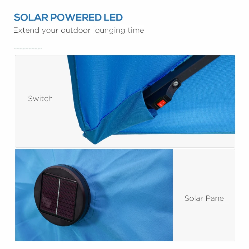 Outsunny 6' x 10' Patio Umbrella with 22 LED Solar Lights and Tilt, Rectangular Outdoor Table Umbrella with Crank, Light Blue