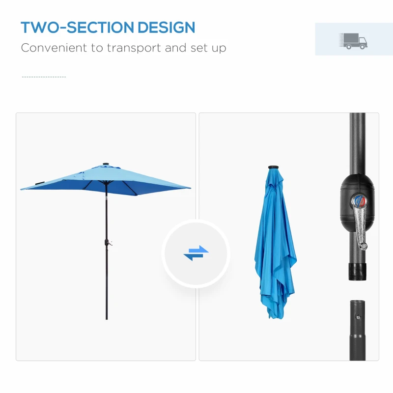 Outsunny 6' x 10' Patio Umbrella with 22 LED Solar Lights and Tilt, Rectangular Outdoor Table Umbrella with Crank, Light Blue
