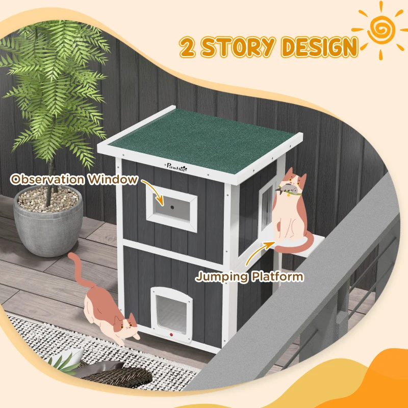 PawHut Outside Cat House Wooden Feral Cat House w/ Weatherproof Roof, Removable Floor, Escape Doors, for 1-2 Cats, Gray