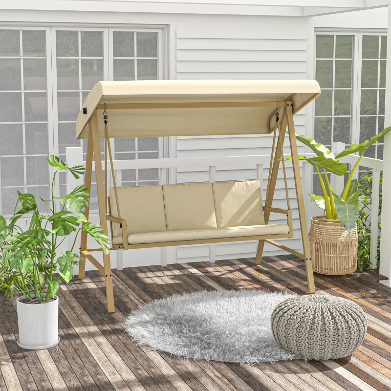 Outsunny 3-Person Patio Swing Chair, Outdoor Porch Swing with Adjustable Canopy, Removable Cushions for Garden, Backyard, Beige