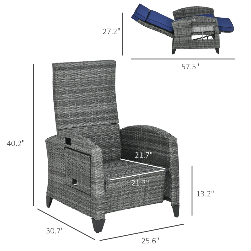 Outsunny PE Wicker Outdoor Recliner Chair with Adjustable Footrest and Cushions, Reclining Patio Lounge Chair with Armrests and Side Tray, Ideal for Balcony, Porch, Blue