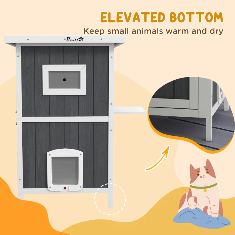 PawHut Outside Cat House Wooden Feral Cat House w/ Weatherproof Roof, Removable Floor, Escape Doors, for 1-2 Cats, Gray