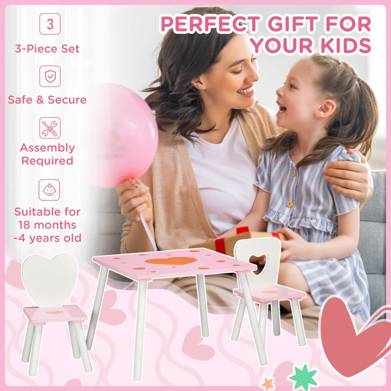 Qaba 3 Pieces Kids Table and Chair Set with Love Heart Patterns for Arts & Crafts, Snack Time, Homework, Pink