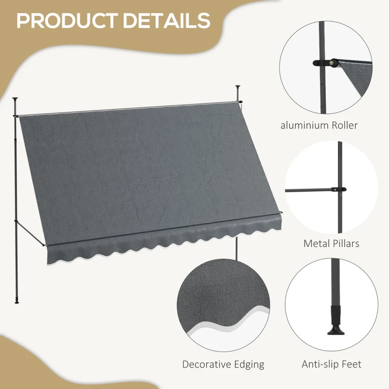 Outsunny 11.5' x 4' Manual Retractable Awning, Non-Screw Freestanding Patio Awning, UV Resistant, for Window or Door, Dark Grey