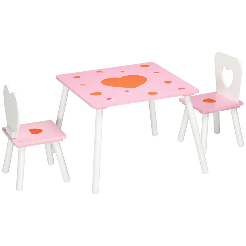 Qaba 3 Pieces Kids Table and Chair Set with Love Heart Patterns for Arts & Crafts, Snack Time, Homework, Pink