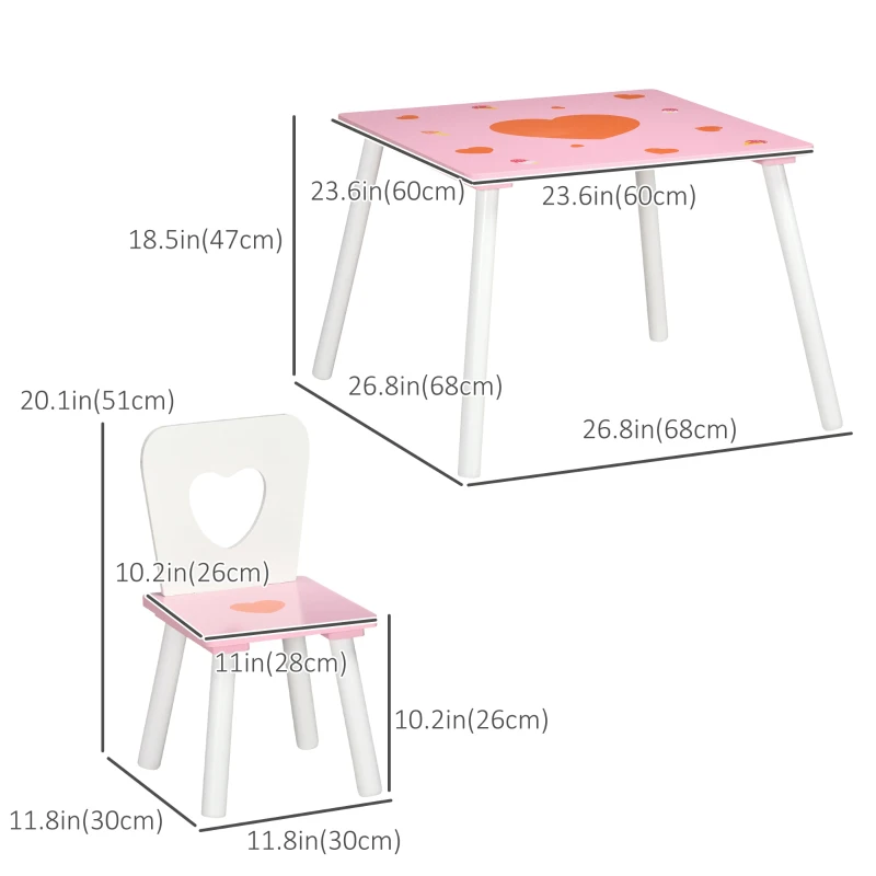 Qaba 3 Pieces Kids Table and Chair Set with Love Heart Patterns for Arts & Crafts, Snack Time, Homework, Pink