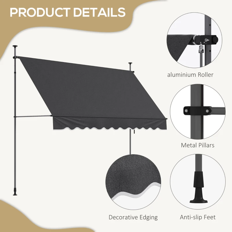 Outsunny 10' x 3' Manual Retractable Awning, Non-Screw Freestanding Patio Awning, UV Resistant, for Window or Door, Dark Grey