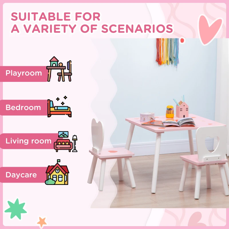 Qaba 3 Pieces Kids Table and Chair Set with Love Heart Patterns for Arts & Crafts, Snack Time, Homework, Pink