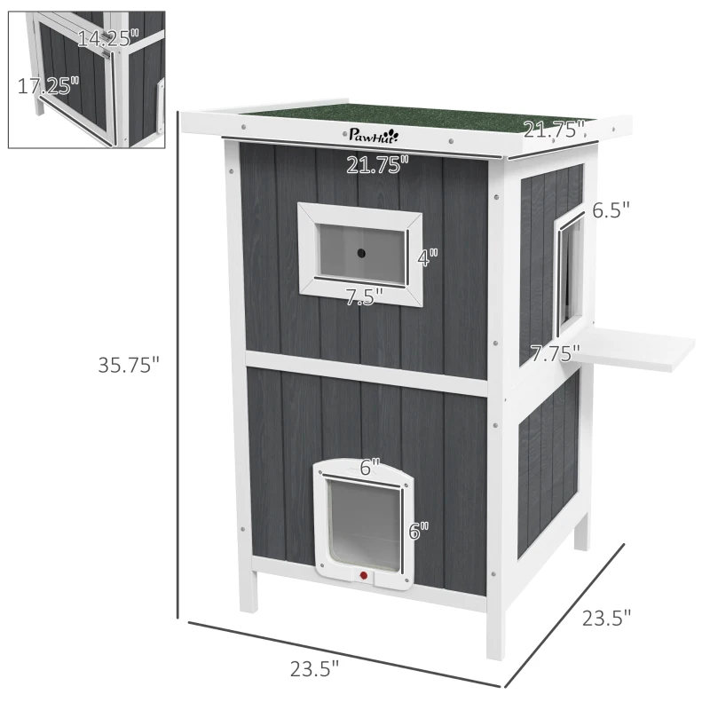 PawHut Outside Cat House Wooden Feral Cat House w/ Weatherproof Roof, Removable Floor, Escape Doors, for 1-2 Cats, Gray