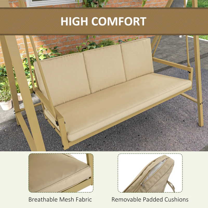 Outsunny 3-Person Patio Swing Chair, Outdoor Porch Swing with Adjustable Canopy, Removable Cushions for Garden, Backyard, Beige