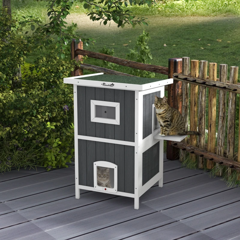 PawHut Outside Cat House Wooden Feral Cat House w/ Weatherproof Roof, Removable Floor, Escape Doors, for 1-2 Cats, Gray