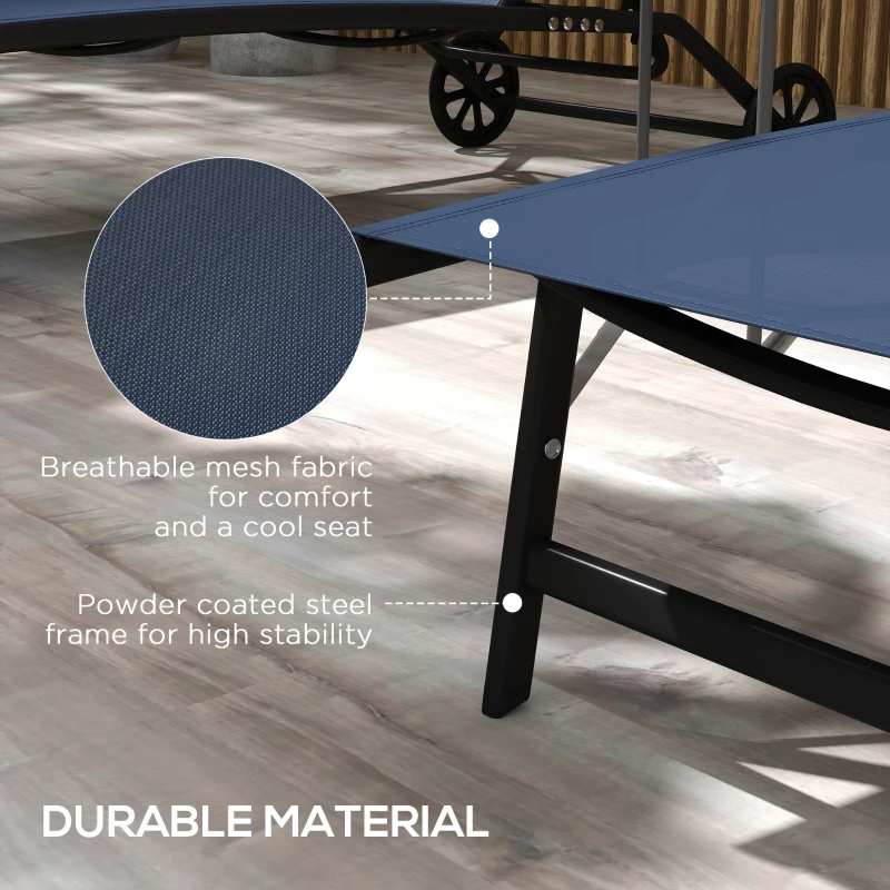 Outsunny 2 Piece Outdoor Chaise Lounge Chairs with Wheels, 5 Level Adjustable Backrest for Patio, Beach, Yard, Pool, Dark Blue