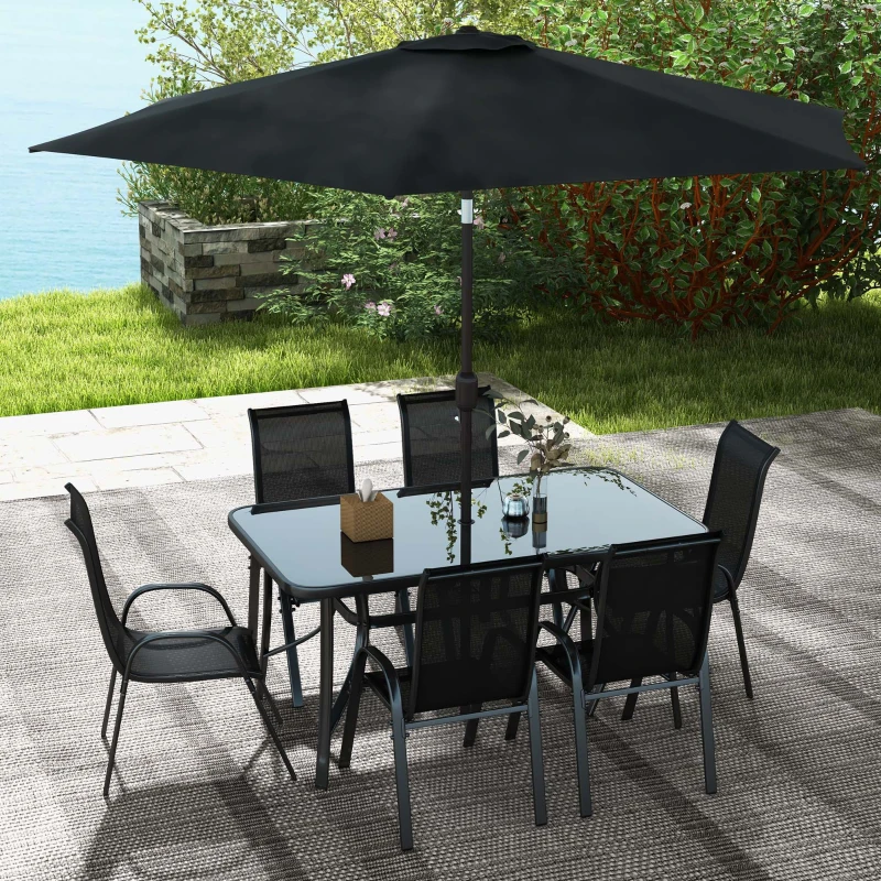 Outsunny 8 Pieces Patio Furniture Set with 9Ft Patio Umbrella, Outdoor Dining Table and Chairs, Black