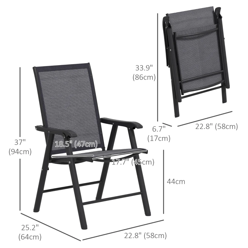 Outsunny 2-Piece Folding Chair Set for Relaxing on Patio Balcony Garden, Comfortable Outdoor Furniture with Armrests, Dark Grey