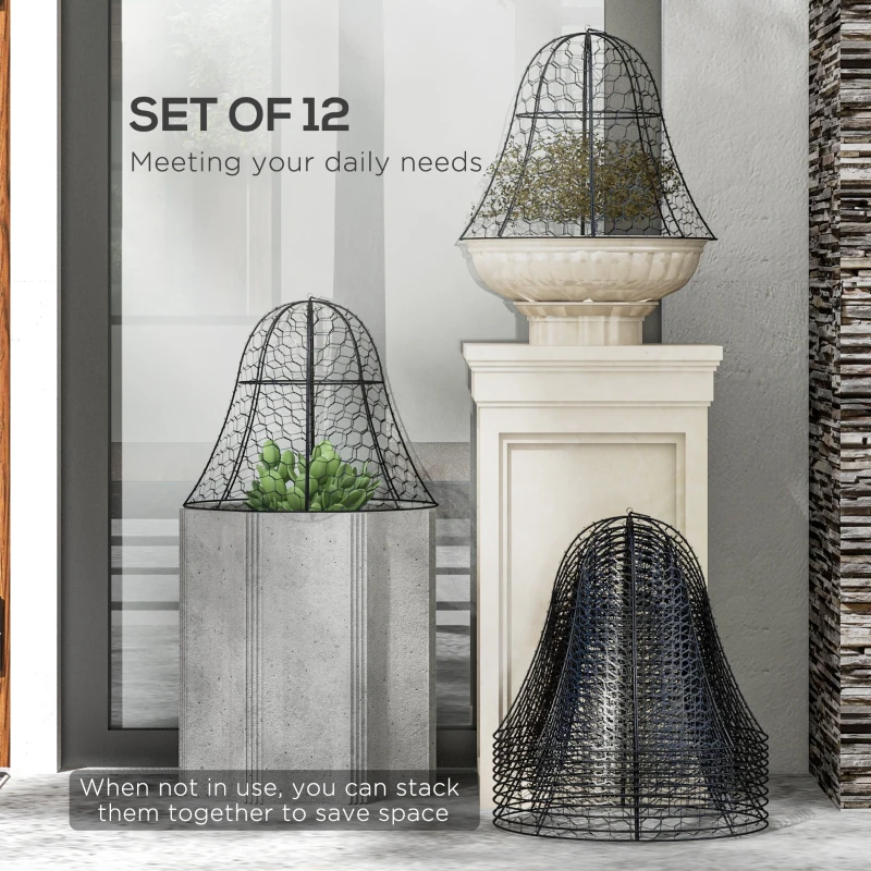 Outsunny 12 Pack Garden Cloches for Plants, 16" x 13" Metal Crop Cage, Plant Cages to Keep Animals Out, Black