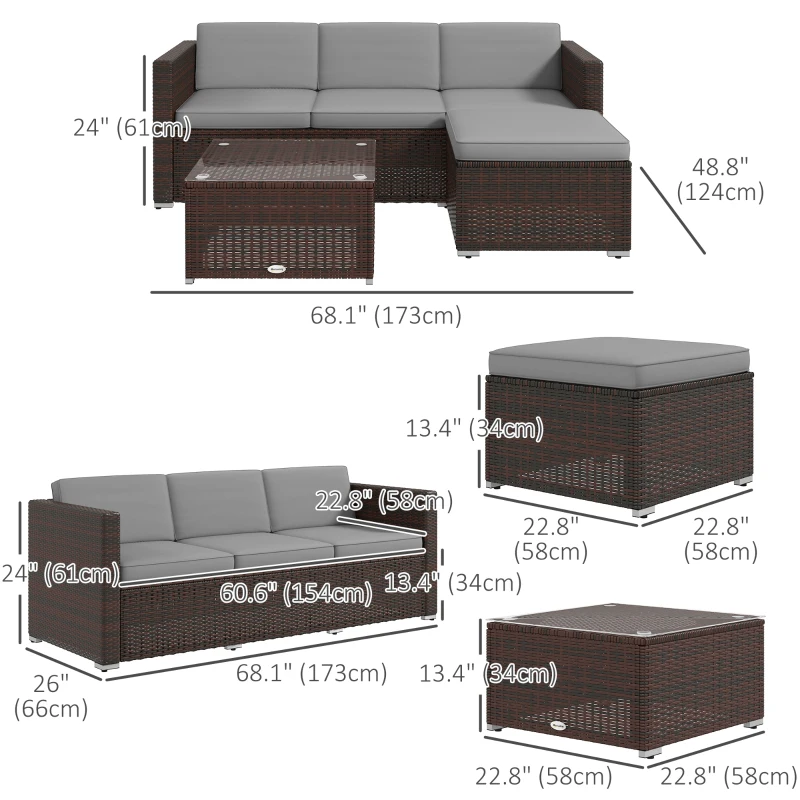 Outsunny Patio Furniture w/ Soft Cushions, Corner Sofa Sets, Grey