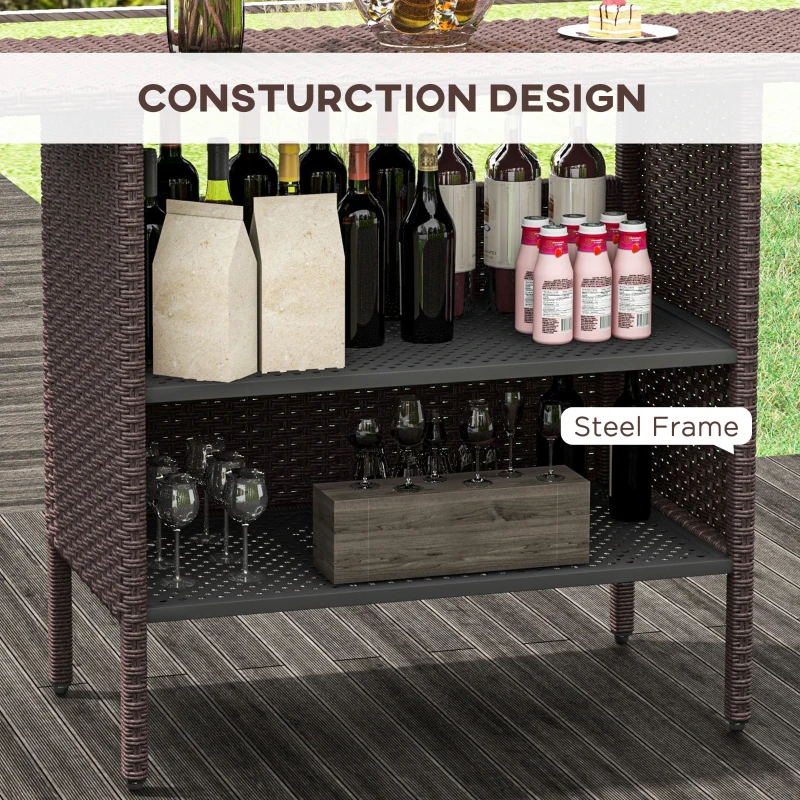 Outsunny Bar Height Outdoor Rattan Table, Patio Wicker Bar Table with 2 Storage Shelves, 55.1" x 18.5" x 37", Brown