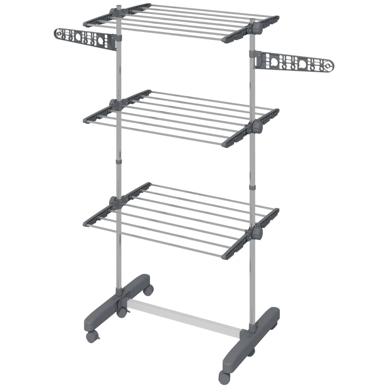 HOMCOM 3-Tier Foldable Clothes Drying Rack, Stainless Steel Laundry Rack with 2 Side Wings and 6 Castors, Collapsible Adjustable Clothes Airer for Indoor Outdoor, Grey