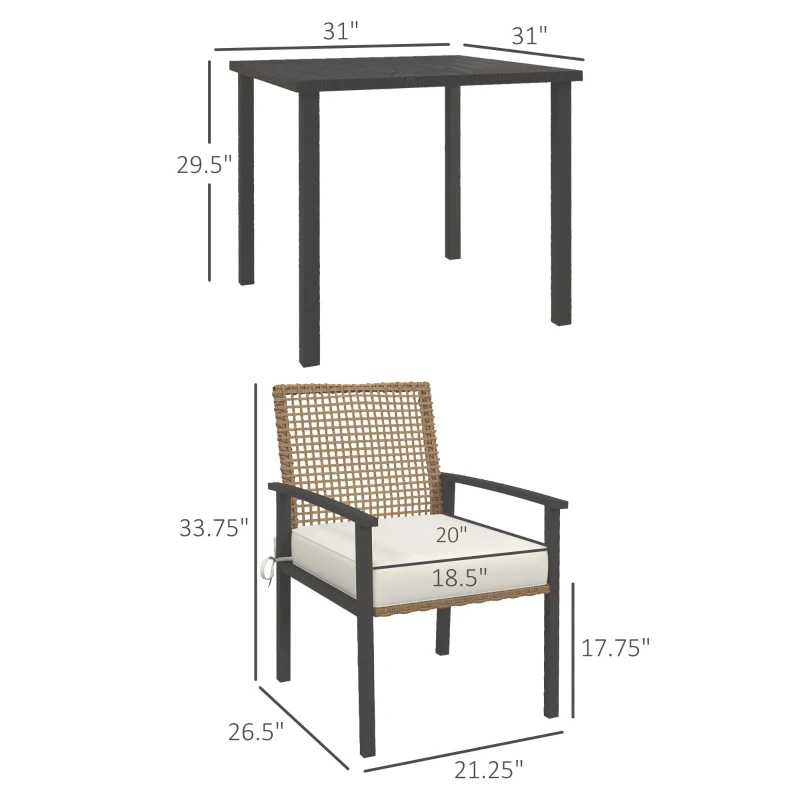 Outsunny 5 Pieces Outdoor Dining Set for 4, Wicker Rattan Patio Furniture Set, Patio Table and Chairs Set with Cushions, Square Metal Table Top, Conversation Set for Garden, Backyard, Deck, Beige
