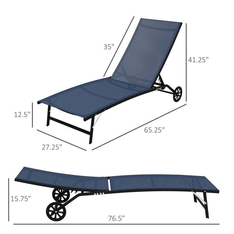 Outsunny 2 Piece Outdoor Chaise Lounge Chairs with Wheels, 5 Level Adjustable Backrest for Patio, Beach, Yard, Pool, Dark Blue