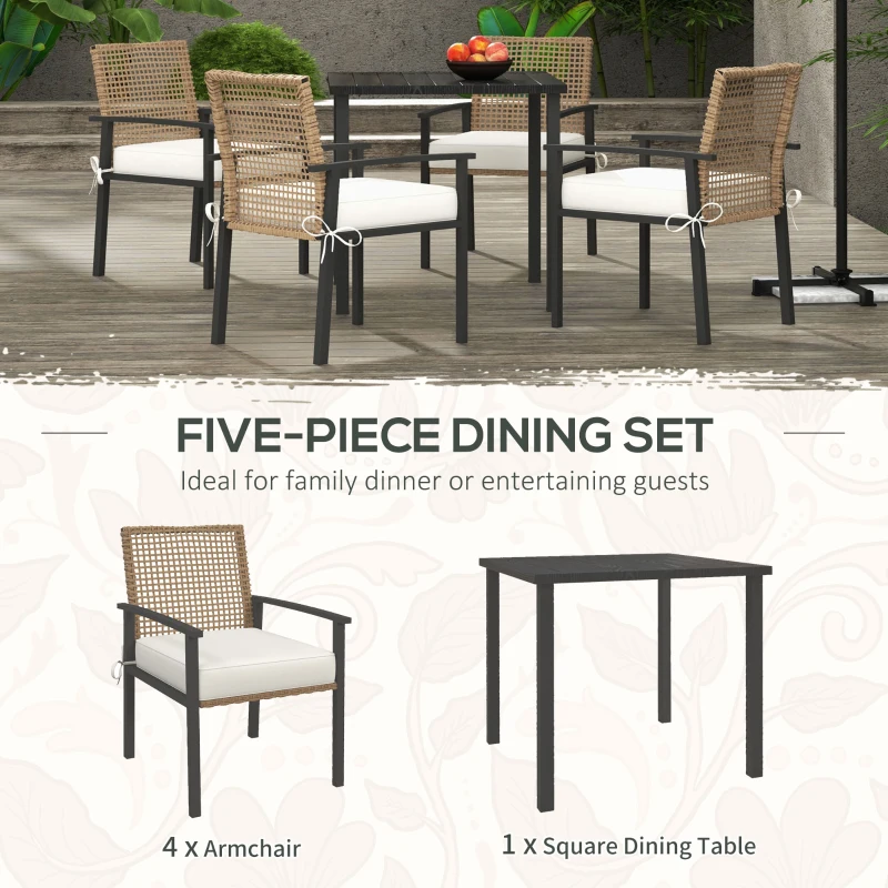 Outsunny 5 Pieces Outdoor Dining Set for 4, Wicker Rattan Patio Furniture Set, Patio Table and Chairs Set with Cushions, Square Metal Table Top, Conversation Set for Garden, Backyard, Deck, Beige