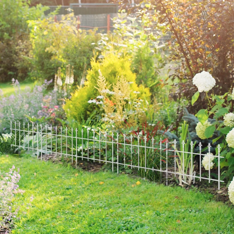 Outsunny Metal Decorative Garden Fence, 9.2' x 17.25" 5 Steel Panels, Decorative Border for Landscape, Flower Bed, Animals, White