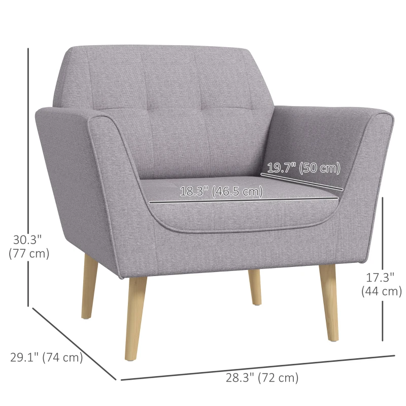 HOMCOM Upholstered Armchair, Modern Accent Chair with Tufted Pattern, Rubber Wood Legs for Living Room, Bedroom, Grey