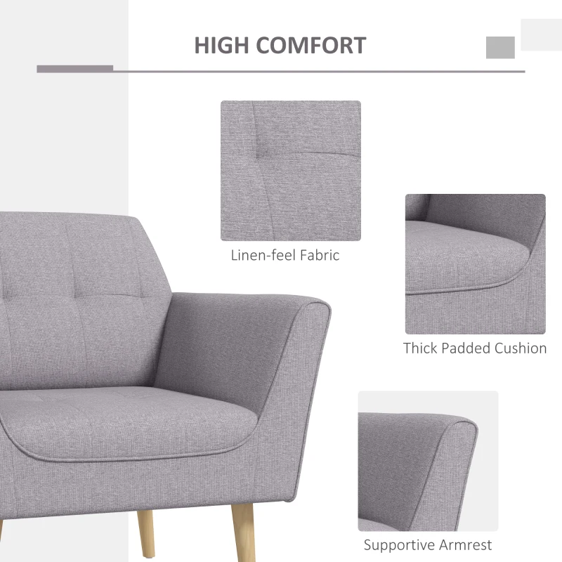 HOMCOM Upholstered Armchair, Modern Accent Chair with Tufted Pattern, Rubber Wood Legs for Living Room, Bedroom, Grey