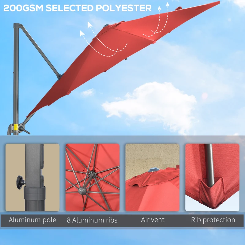 Outsunny 9.6' Cantilever Patio Umbrella Outdoor Hanging Offset Umbrella, Cross Base, 360° Rotation Aluminum Poles, Wine Red