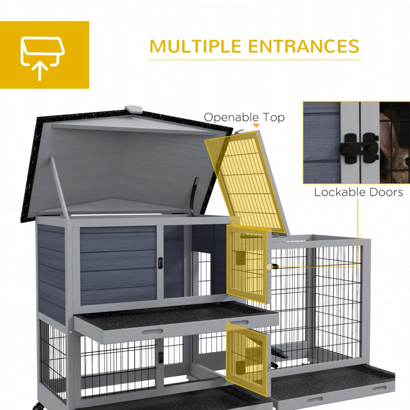 PawHut Outdoor Rabbit Hutch with Wheels, Spacious Run, 3 Removable Trays, Ramp, Mobile Wooden Pet House for Bunnies