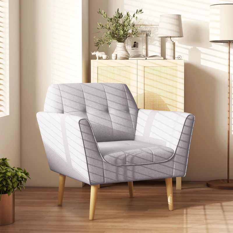 HOMCOM Upholstered Armchair, Modern Accent Chair with Tufted Pattern, Rubber Wood Legs for Living Room, Bedroom, Grey