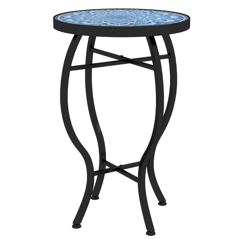 Outsunny Round Outdoor Table, Patio Bistro Coffee Table with Mosaic Top and Steel Frame for Garden