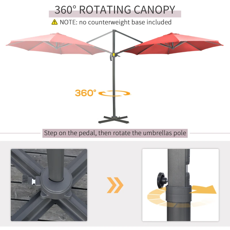 Outsunny 9.6' Cantilever Patio Umbrella Outdoor Hanging Offset Umbrella, Cross Base, 360° Rotation Aluminum Poles, Wine Red