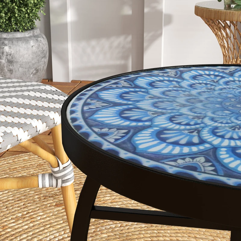 Outsunny Round Outdoor Table, Patio Bistro Coffee Table with Mosaic Top and Steel Frame for Garden