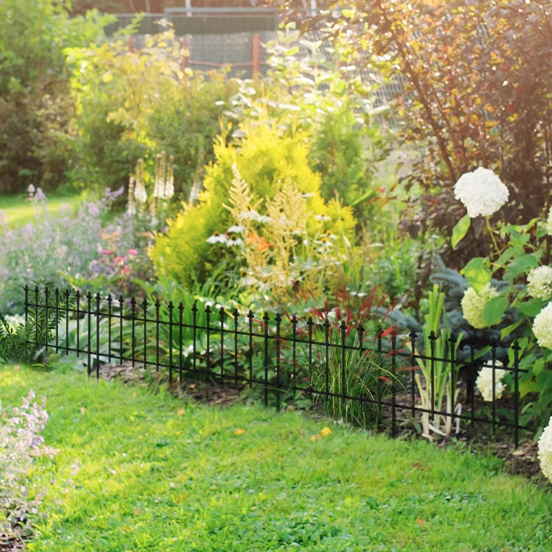 Outsunny Decorative Metal Garden Fence, 9.2ft Steel Border Panels, 5-Pack, Landscape & Flower Bed Barrier, Animal Guard, Black