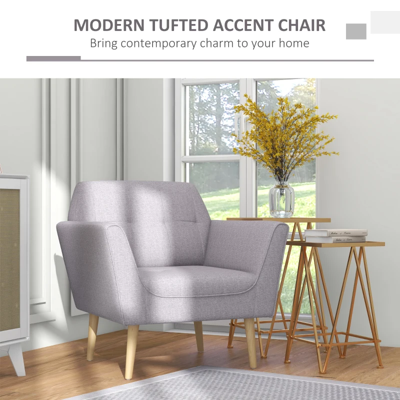 HOMCOM Upholstered Armchair, Modern Accent Chair with Tufted Pattern, Rubber Wood Legs for Living Room, Bedroom, Grey