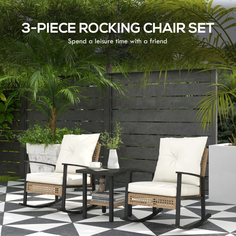 Outsunny 3 Pieces Bistro Set, Patio Wicker Furniture Set with Button Tufted Cushions, Rattan Rocking Chairs, Coffee Table, White