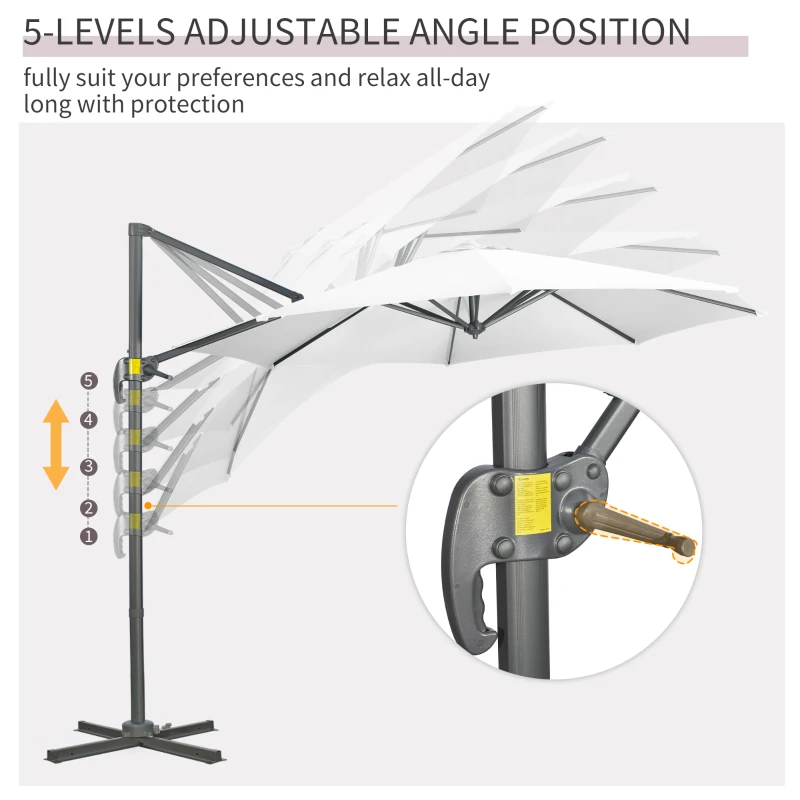 Outsunny 9.6' Cantilever Patio Umbrella Outdoor Hanging Offset Umbrella, Cross Base, 360° Rotation Aluminum Poles, White