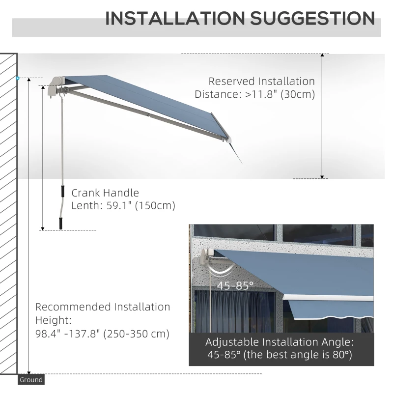 Outsunny 12' x 10' Manual Retractable Awning Outdoor Sunshade Shelter with Adjustable & Versatile Design, Light Grey