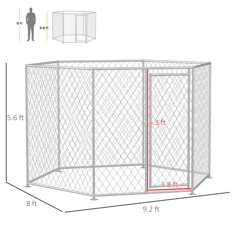 PawHut 9.2' x 8' x 5.6' Dog Kennel Outdoor for Medium and Large-Sized Dogs with Lockable Door, Silver