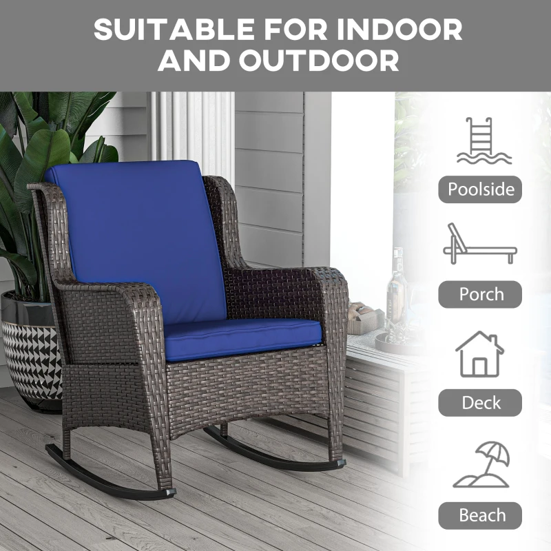 Outsunny Outdoor Wicker Rocking Chair, Rattan Rocker with Cushions, Steel Frame for Patio, Garden, Backyard, Dark Blue