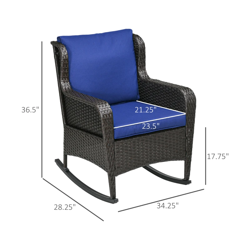 Outsunny Outdoor Wicker Rocking Chair, Rattan Rocker with Cushions, Steel Frame for Patio, Garden, Backyard, Dark Blue