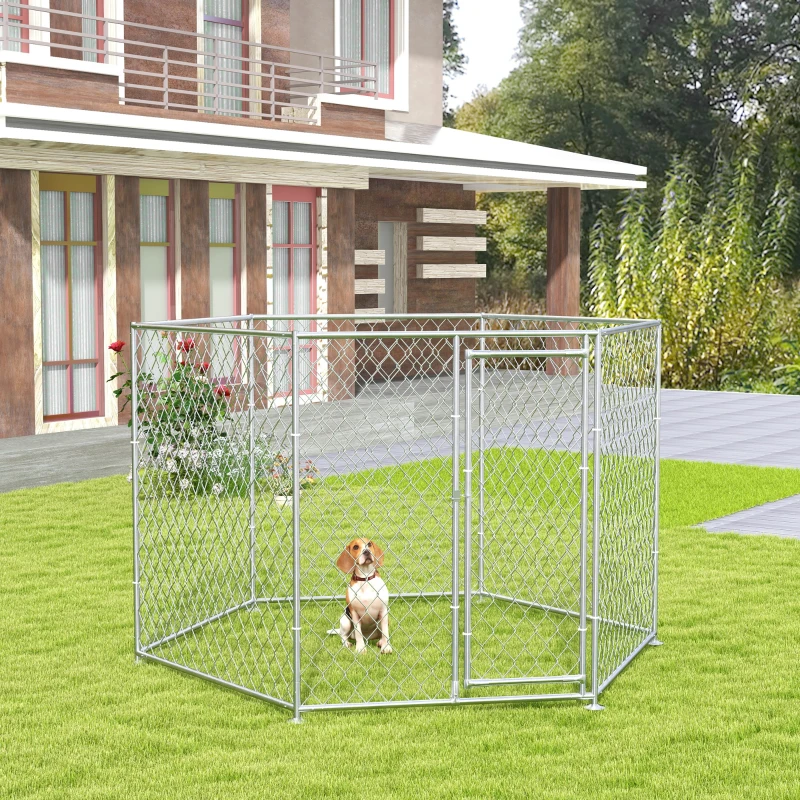 PawHut 9.2' x 8' x 5.6' Dog Kennel Outdoor for Medium and Large-Sized Dogs with Lockable Door, Silver