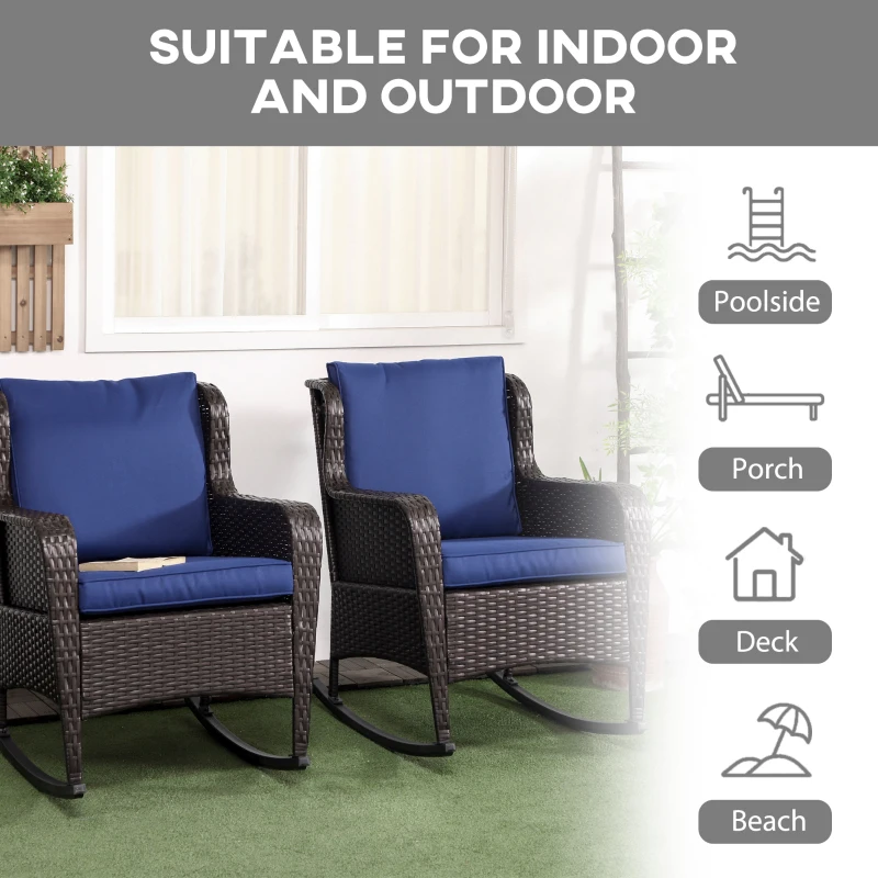 Outsunny 2 Piece Outdoor Wicker Rocking Chairs, Rattan Rockers with Cushions, Steel Frame for Patio, Garden, Backyard, Dark Blue