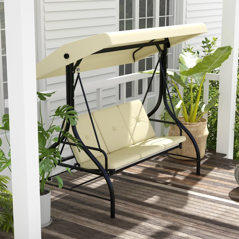 Outsunny Convertible Patio Swing Bed with Canopy and Cushions, 3 Seater Porch Swing for Outdoor, Backyard, Garden, Beige