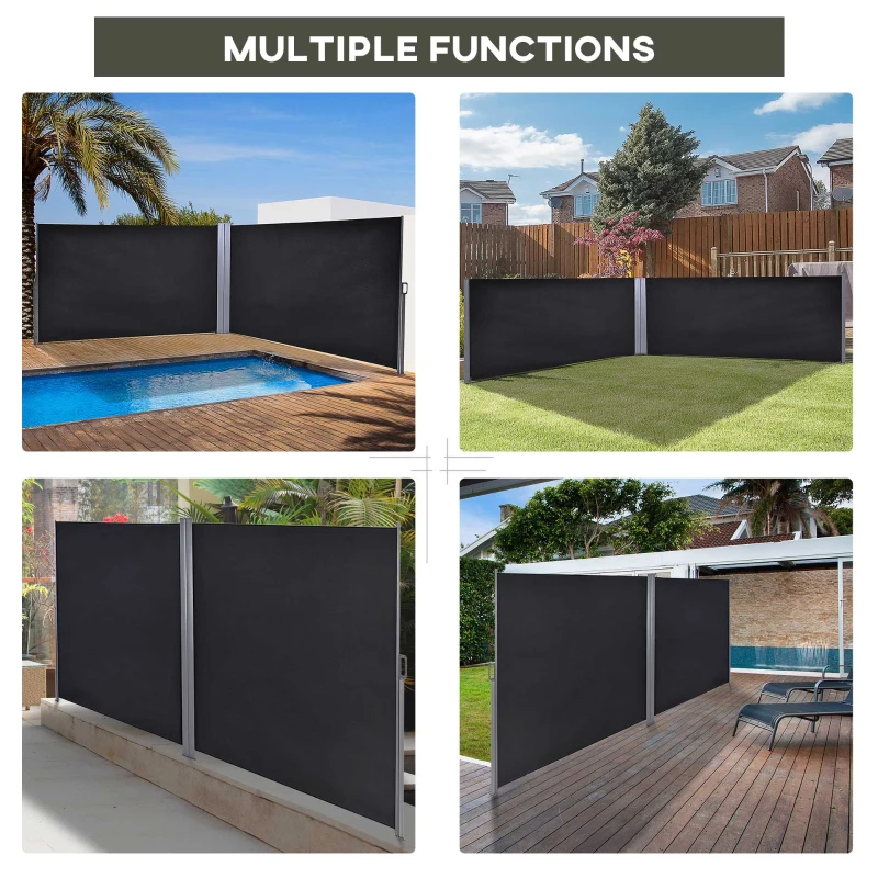 Outsunny 236" x 63" Outdoor Privacy Wall, Double Retractable Side Awning, Patio Screen for Garden, Balcony, Backyard, Black
